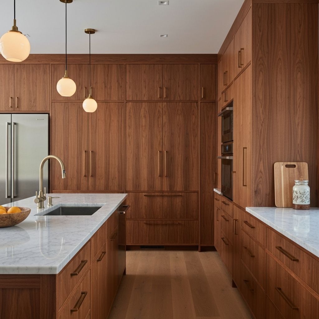 Custom walnut kitchen with marble countertops