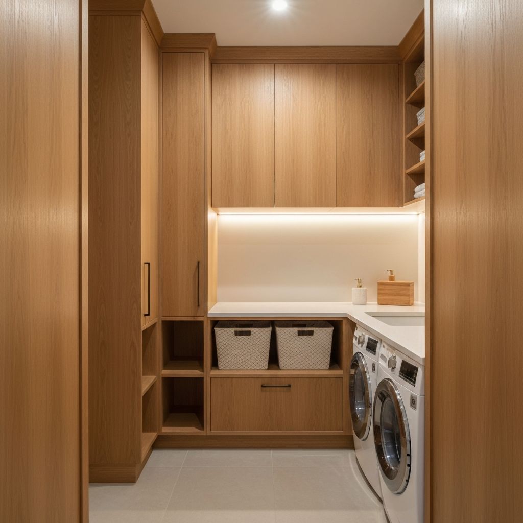 Custom laundry room with built-in cabinetry and folding bench